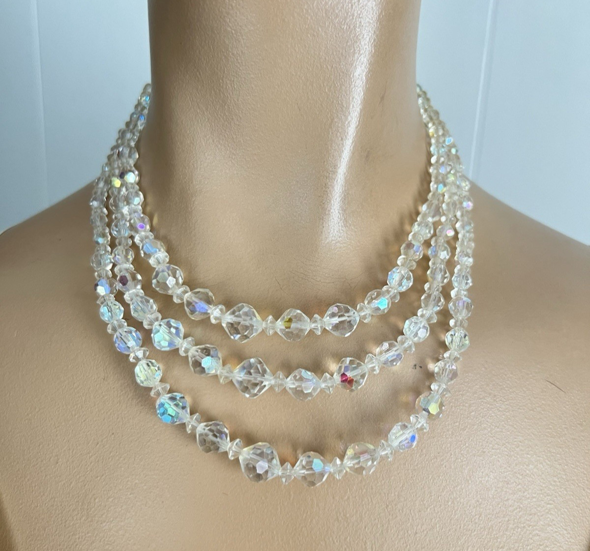 Vintage 3 Strand AB Aurora Borealis Crystal Glass Faceted Bead Necklace Crafts