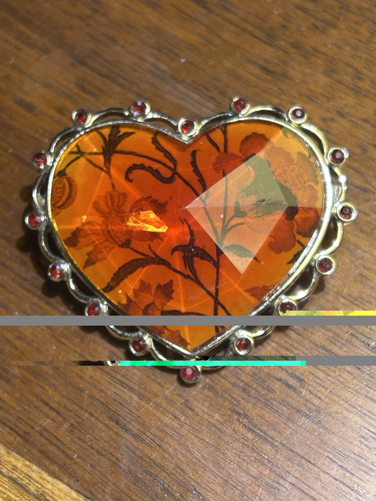 Vtg Valentine’s Day Goldtone Heart Brooch Signed Liz Claiborne Red With Flowers