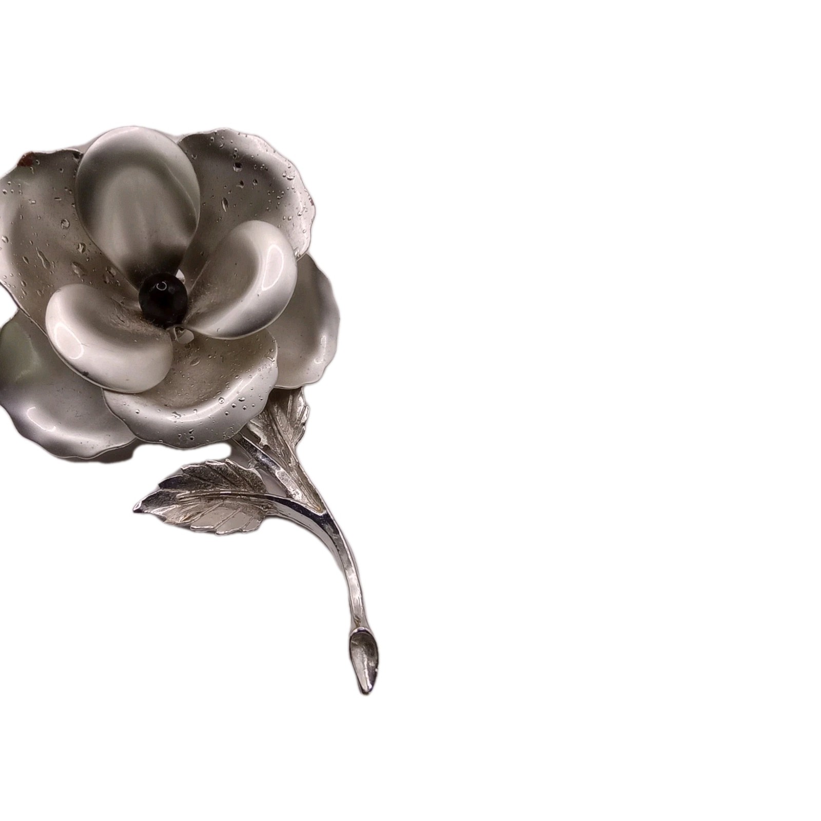 Vintage Lisner Silver Tone Flower Brooch Textured Black Bead Pin 3 1/2 by 2 1/2