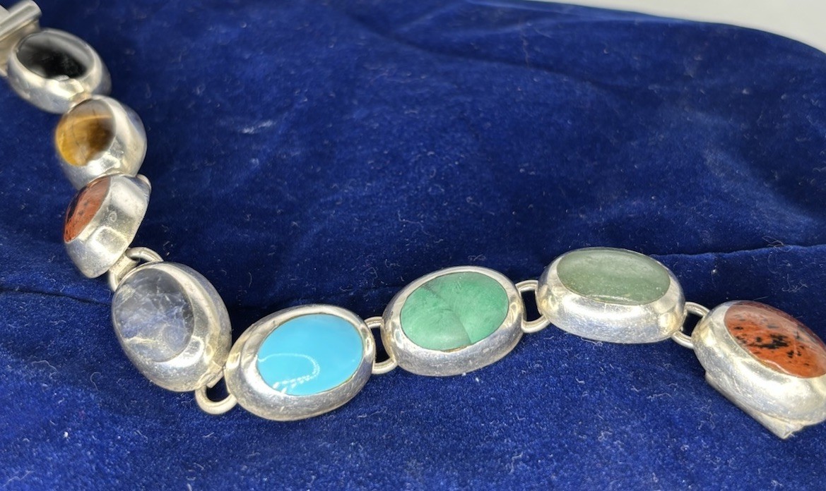 Vintage Sterling Silver And Gem Stone Bracelet Marked Mexico- Jeweler Checked!