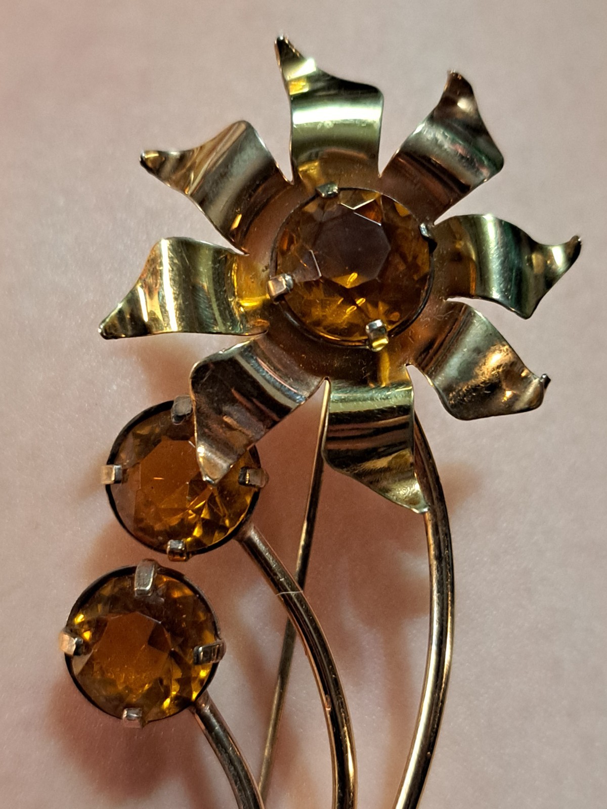 Huge 4″ Sterling Silver Gold Wash Flower Brooch Pin Amber Citrine Glass 16 Grams