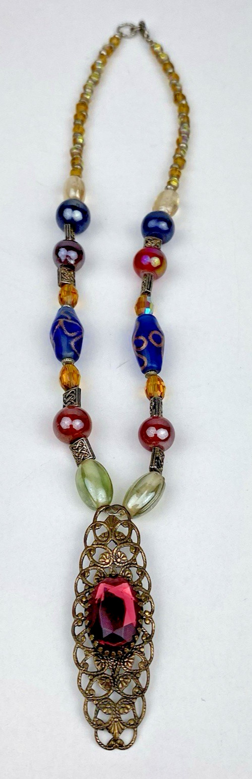 VTG Iridescent AB Carnival Glass Necklace Art Beaded Red Gold Filigree Blue EUC