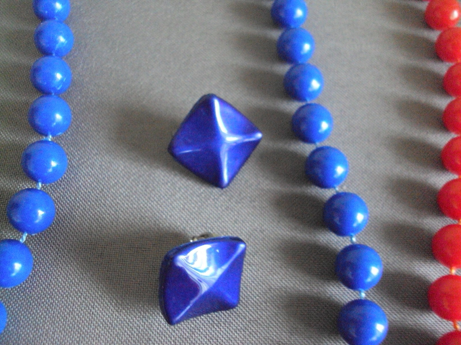 Lot of Vintage Plastic Bead Necklaces and Clip Earrings Red, Blue, Pink, Gray