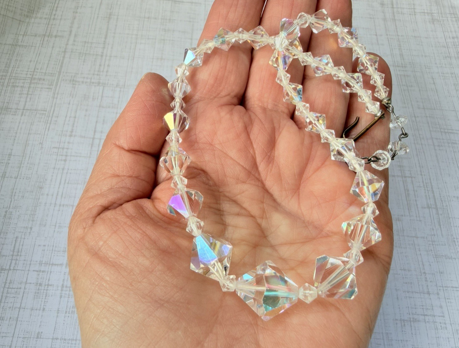 Vintage AB Aurora Borealis Crystal Bicone Bead Choker Necklace Jewelry