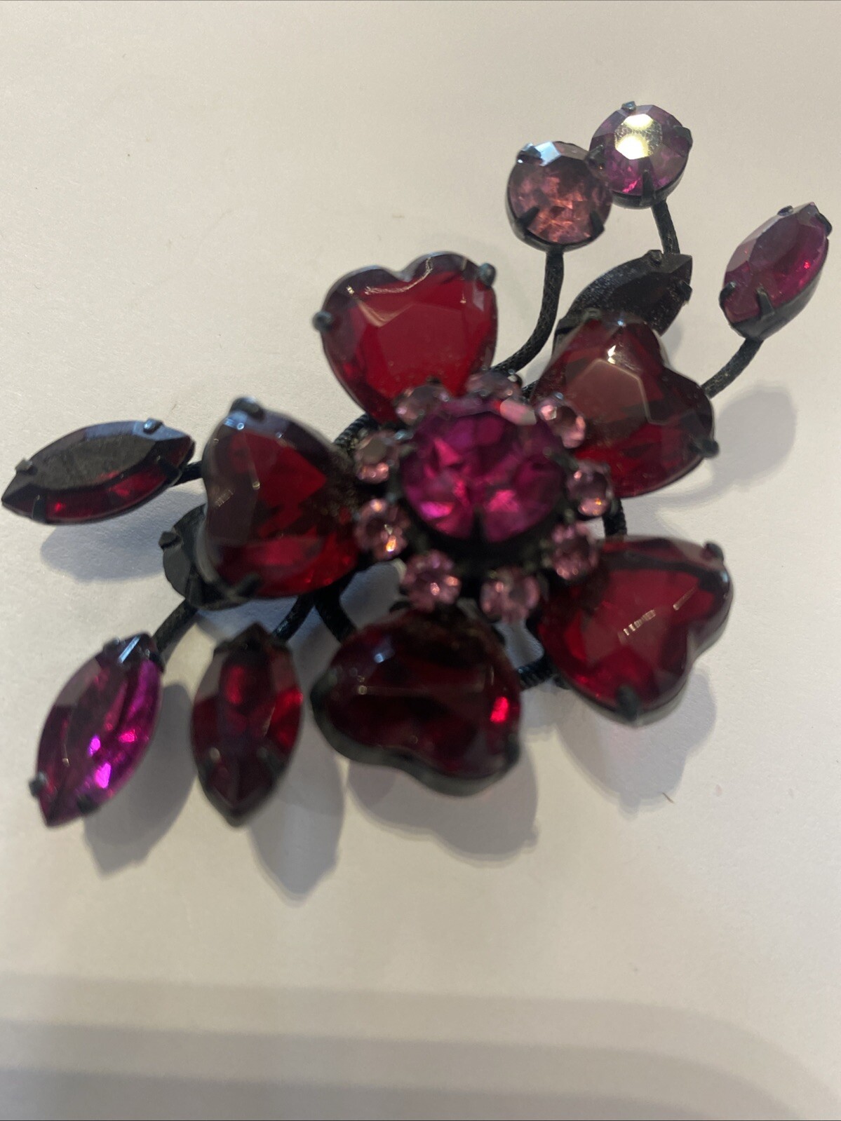 Vintage Unsigned SCHREINER Julian Pink & Fuchsia Flower Red Hearts Pin Brooch