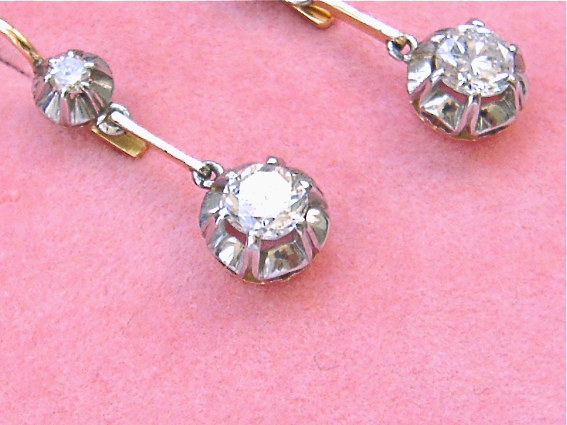 VINTAGE 1ctw DIAMOND DROP 2-STONE PLATINUM SHORT DANGLE COCKTAIL EARRINGS 1950