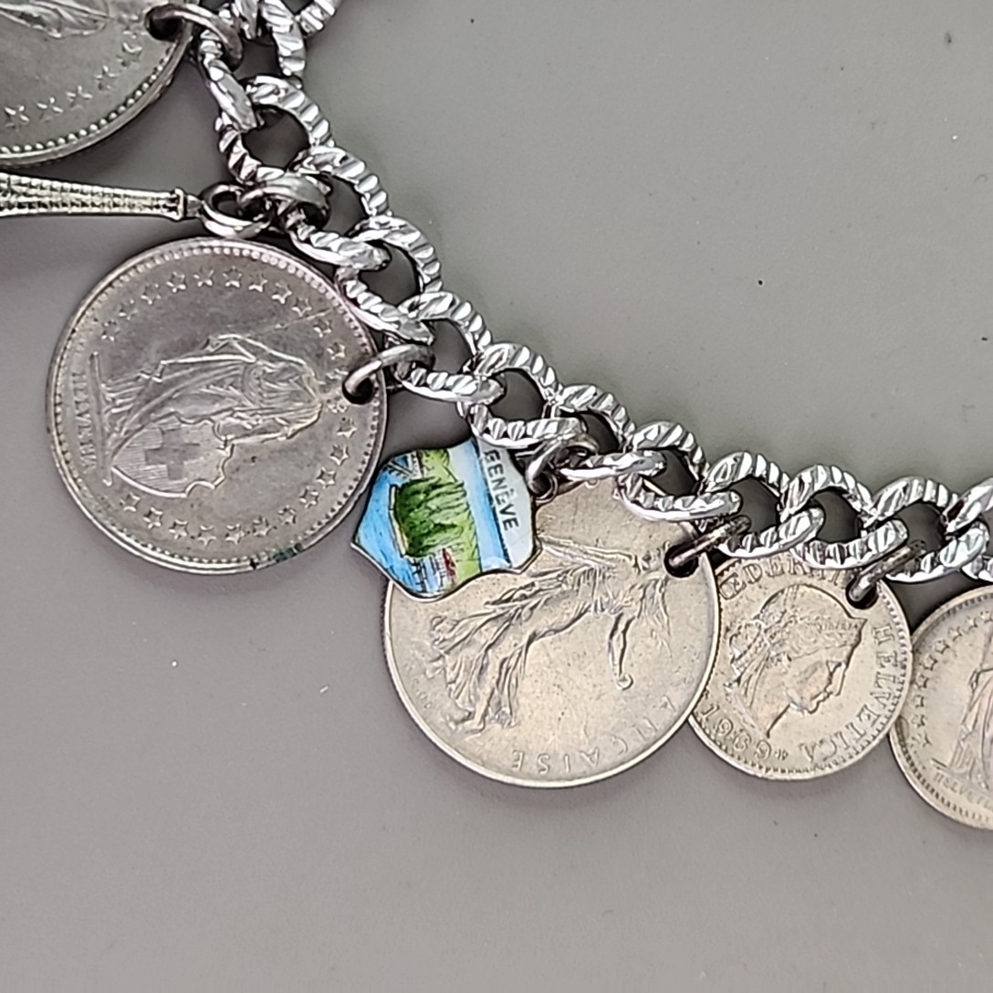Vintage Coin Charm Bracelet Sterling Silver Plated Souvenir England France Franc