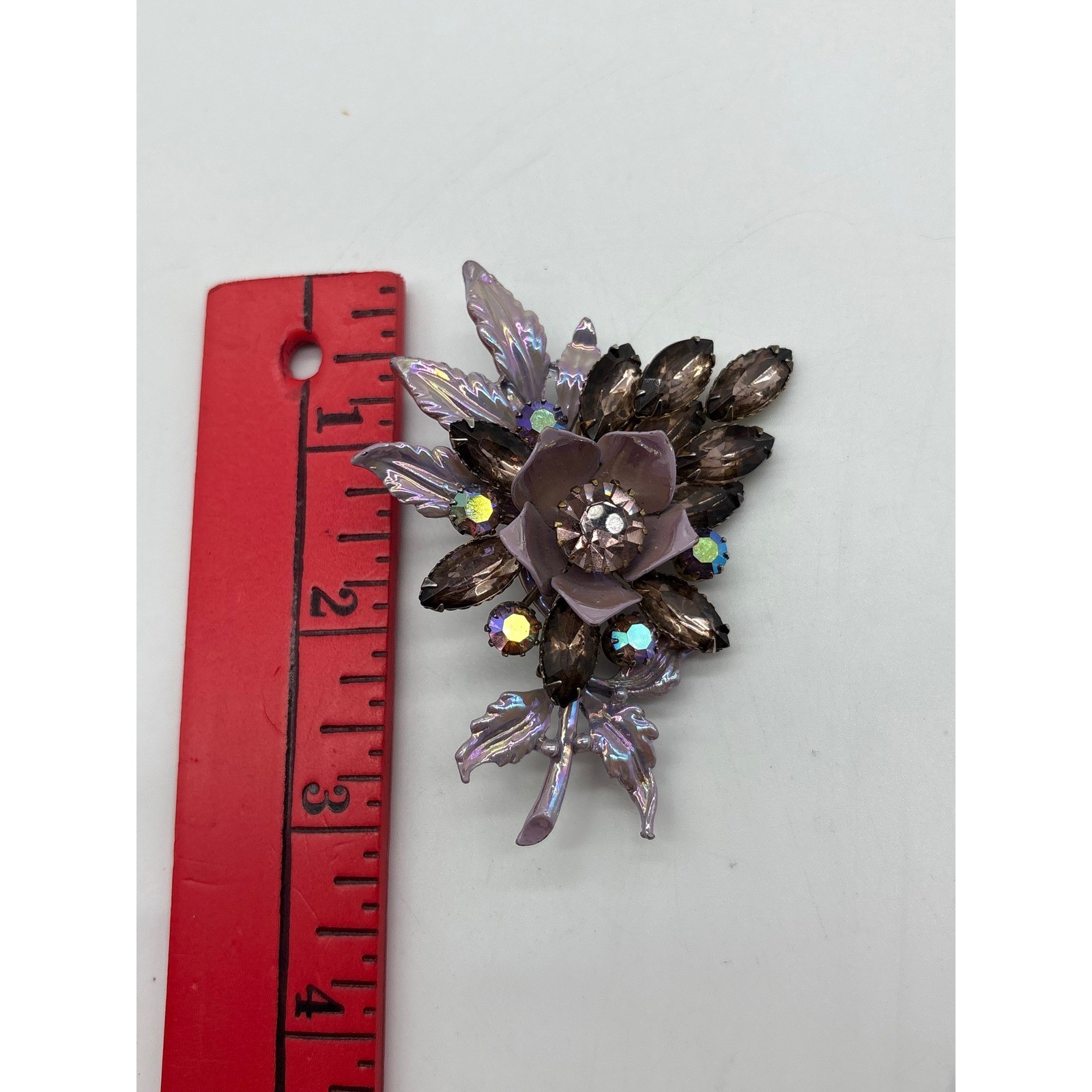 Vintage Purple Enamel Flower Bouquet Brooch Aurora Borealis Rhinestone