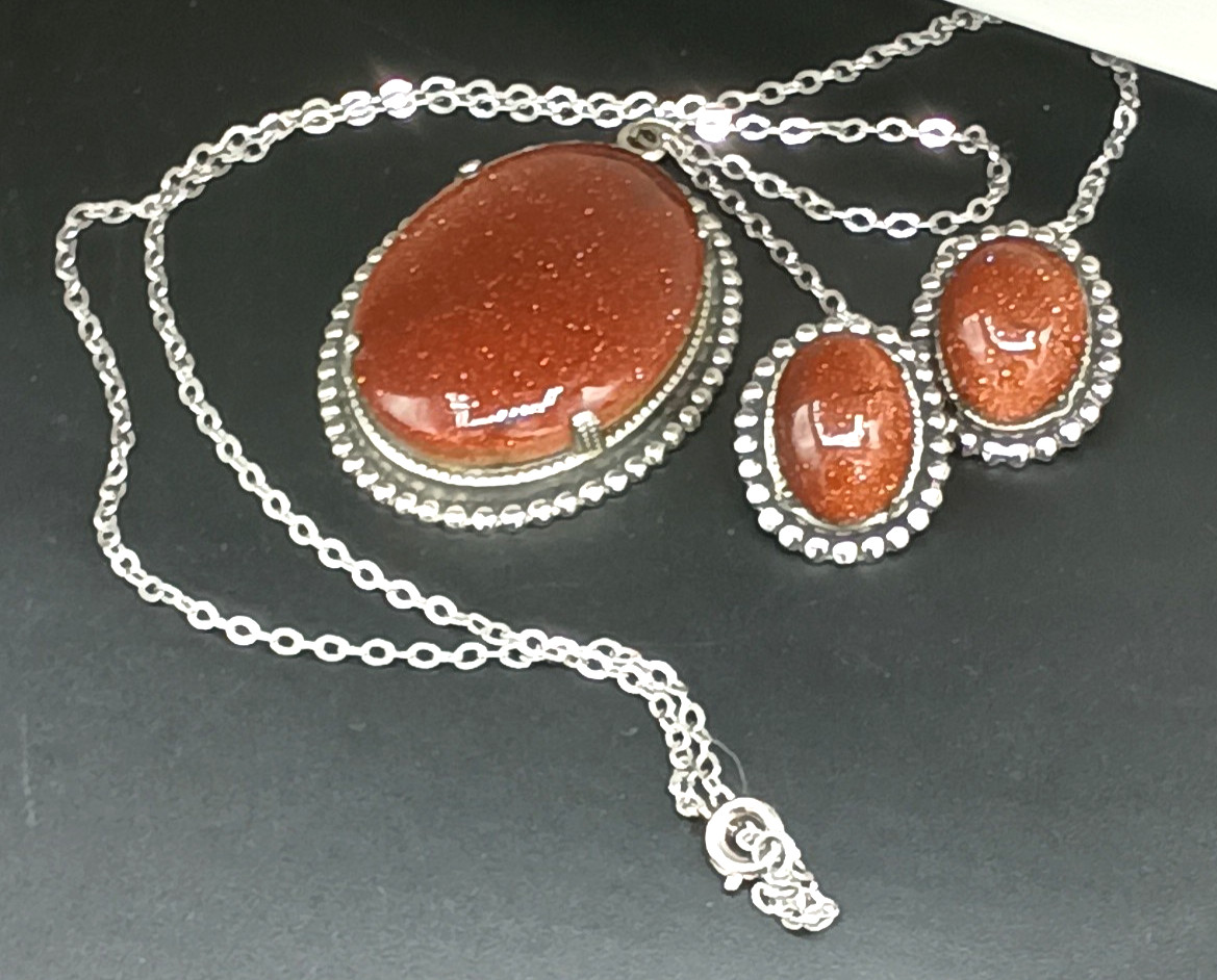Vintage Goldstone Necklace Clip On Earrings Set Silver Tone