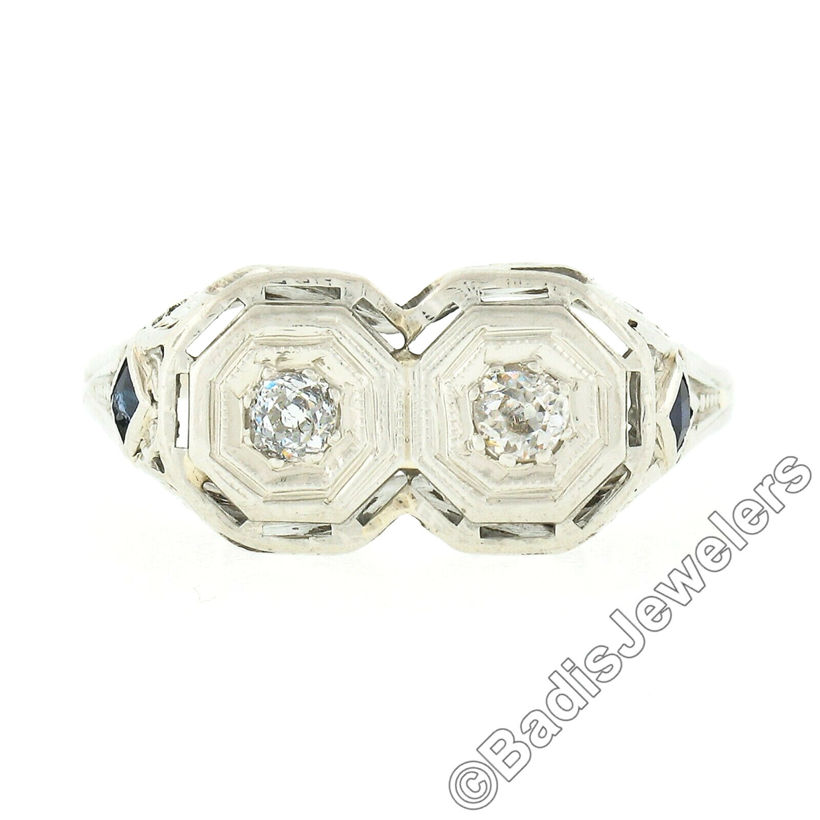 Antique Art Deco 18k Gold 0.20ctw Dual Diamond w/ Sapphire Etched Filigree Ring