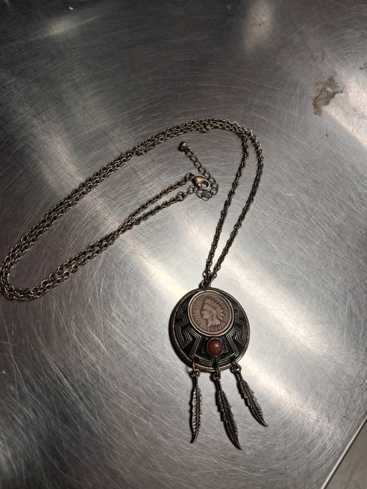 1900 Indian Head Penny Necklace on Metal Dreamcatcher, Carnelian Gem 3 Feathers