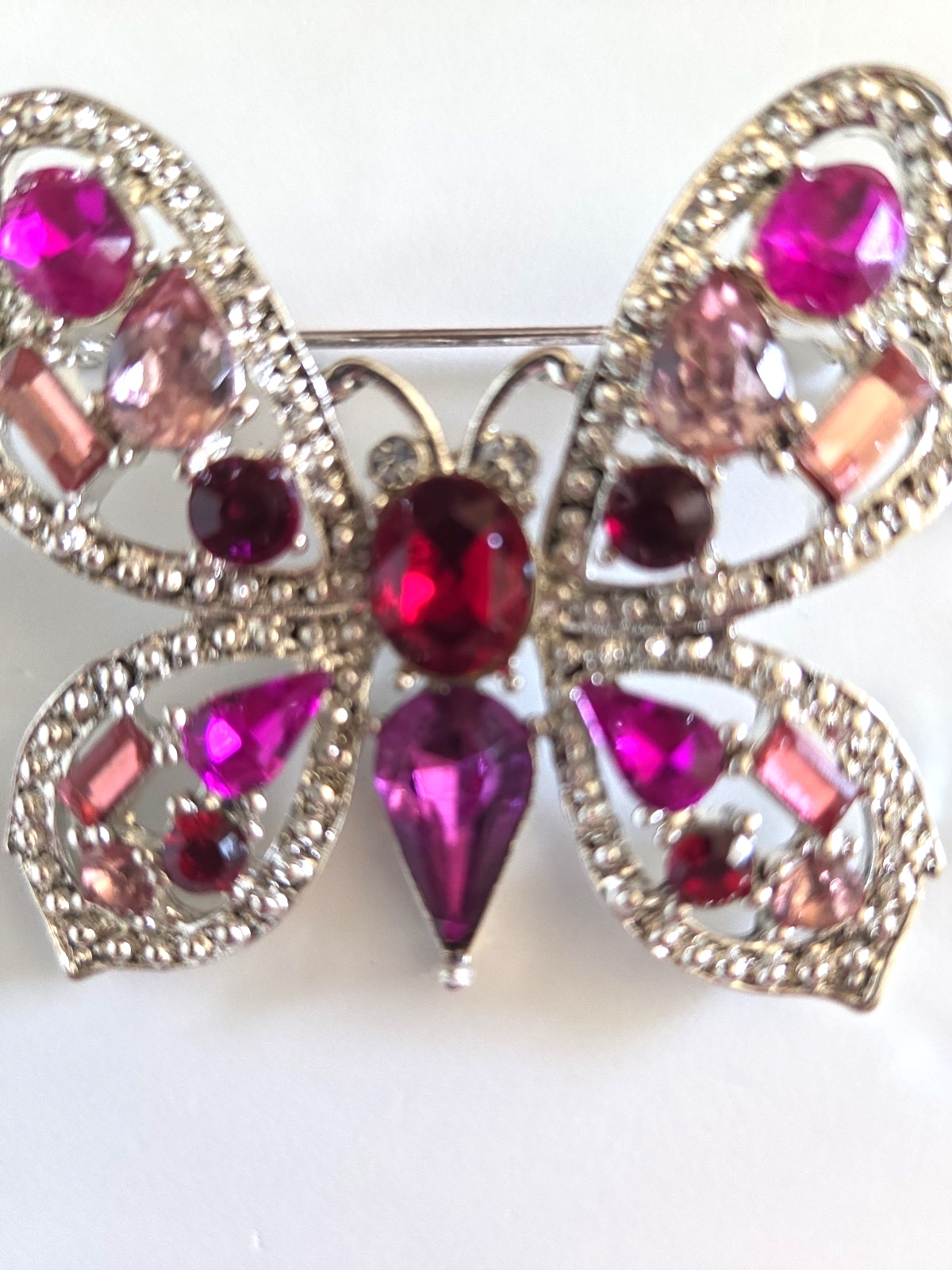 SilverTone Pink Purple Rhinestone GEM Sparkling Shimmering Butterfly Brooch Pin