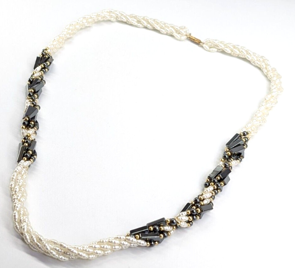 Vtg Rice Pearl & Hematite Multi Strand Twisted Beaded Statement Station Necklace