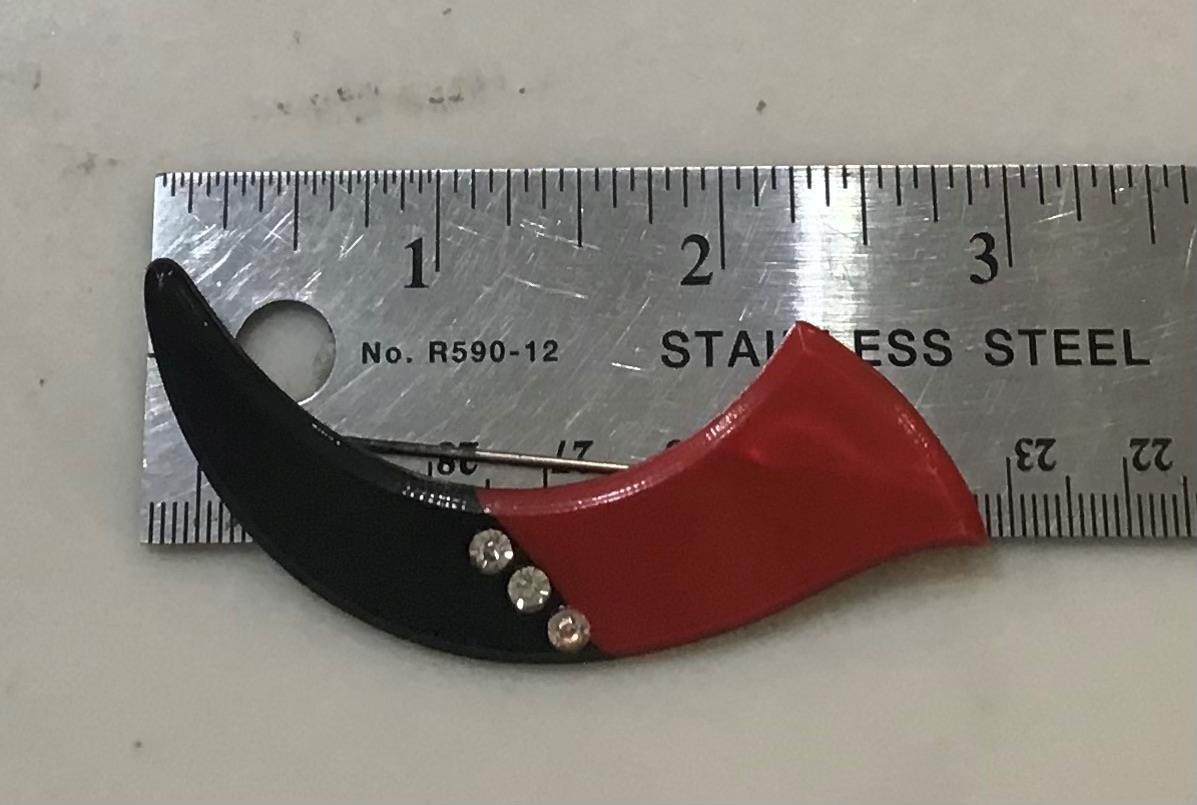Vintage Art Deco Red/Black Celluloid & Rhinestones 3” Lapel or Hat Pin or Brooch