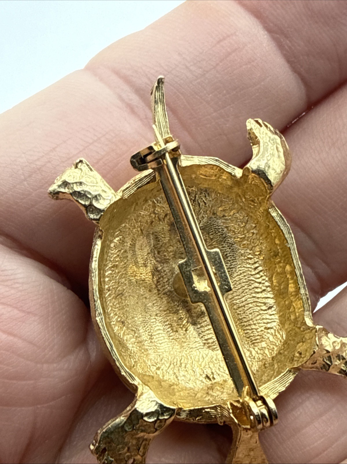 Gold Turtle Brooch/Pin With Green Eyes And Clear Stones On Shell Vintage (READ)!