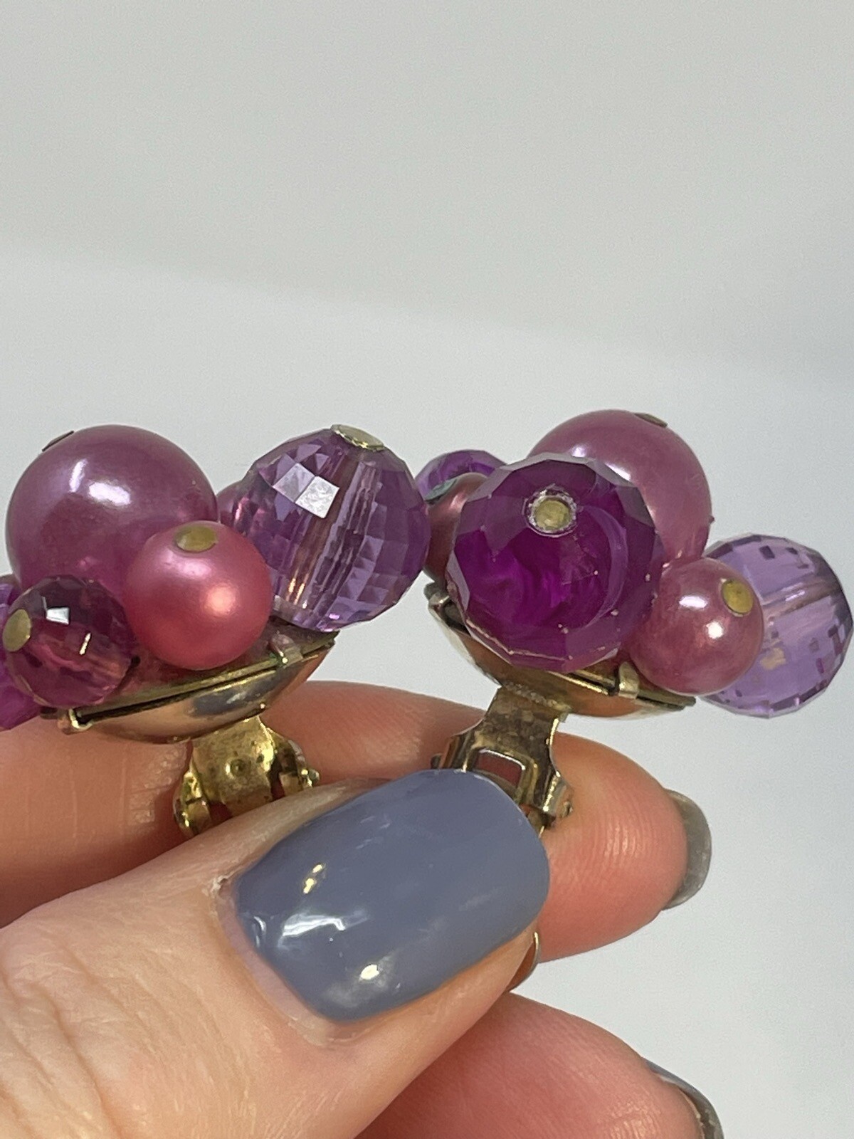 Vintage Zentall Purple Bead Cluster Clip On Earrings Faceted Crystal Faux Pearl