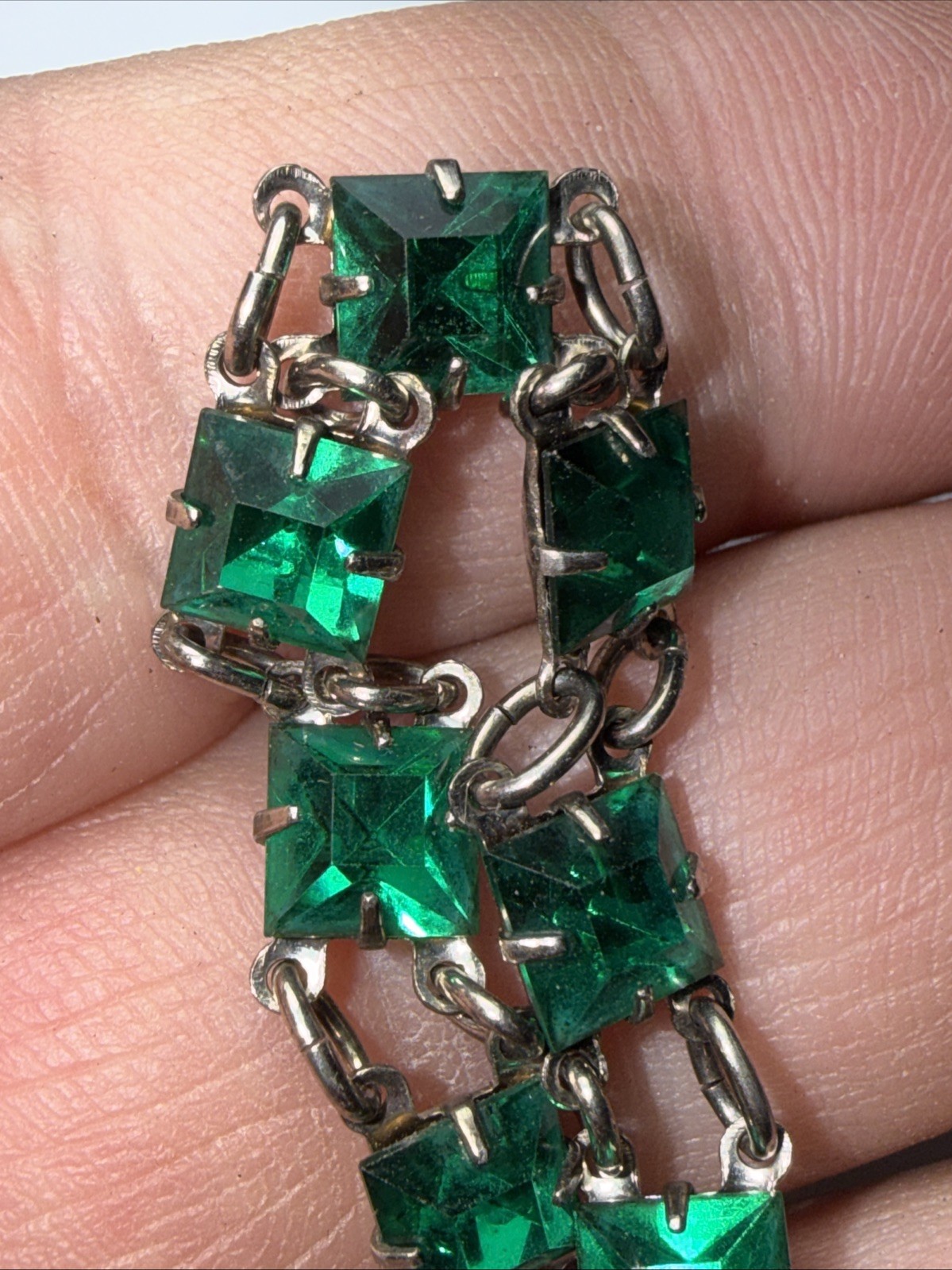 Bracelet Art Deco Paste Gwen Emerald Glass Sterling Silver Square Stone Antique