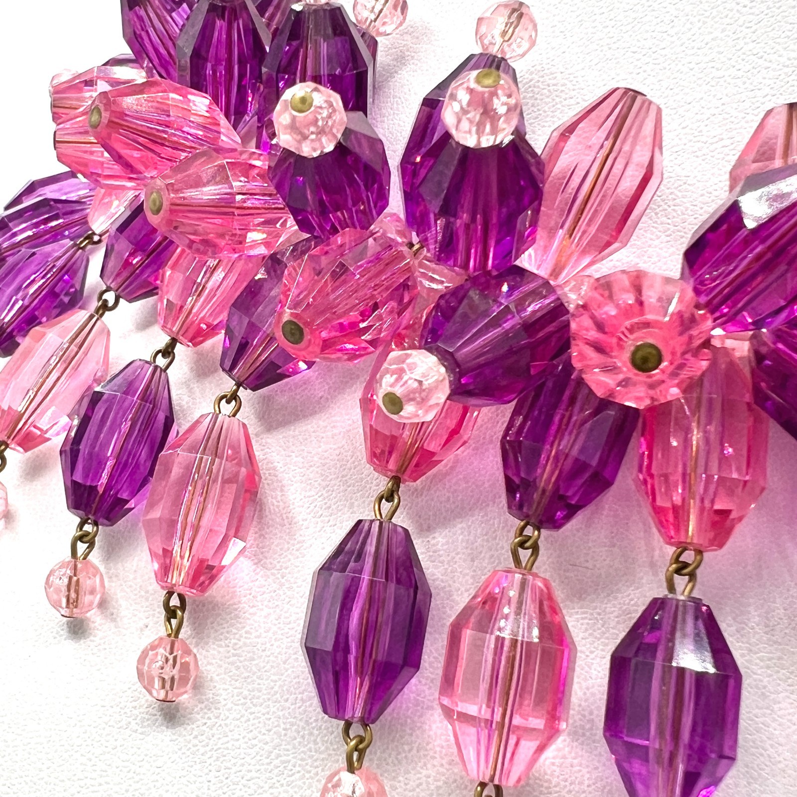 Vintage Pink Purple Faceted Bead Bib Necklace 1960s Cha Cha Fringe Necklace