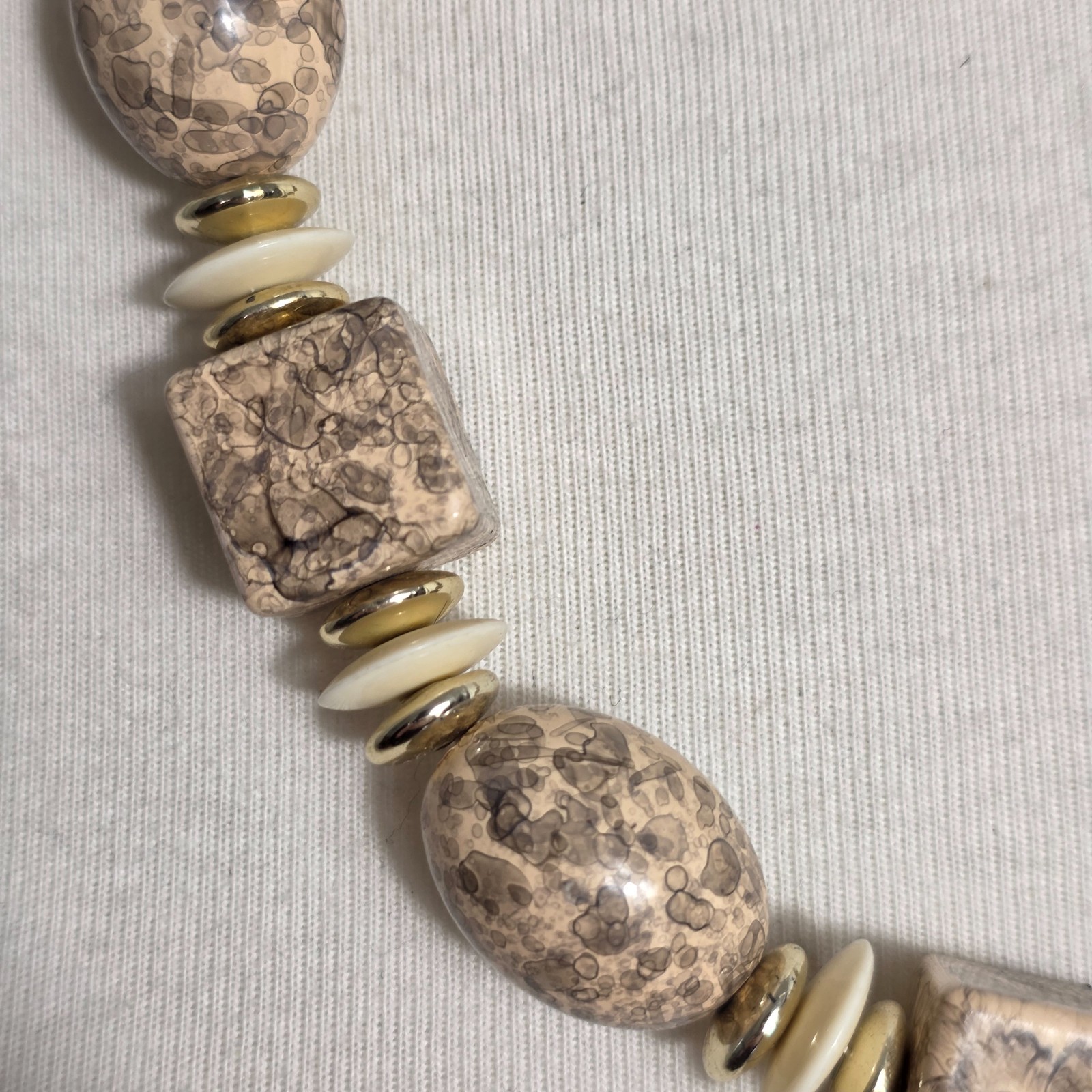 Beaded Statement Necklace Square & Round Beads Flat Gold & White Spacers