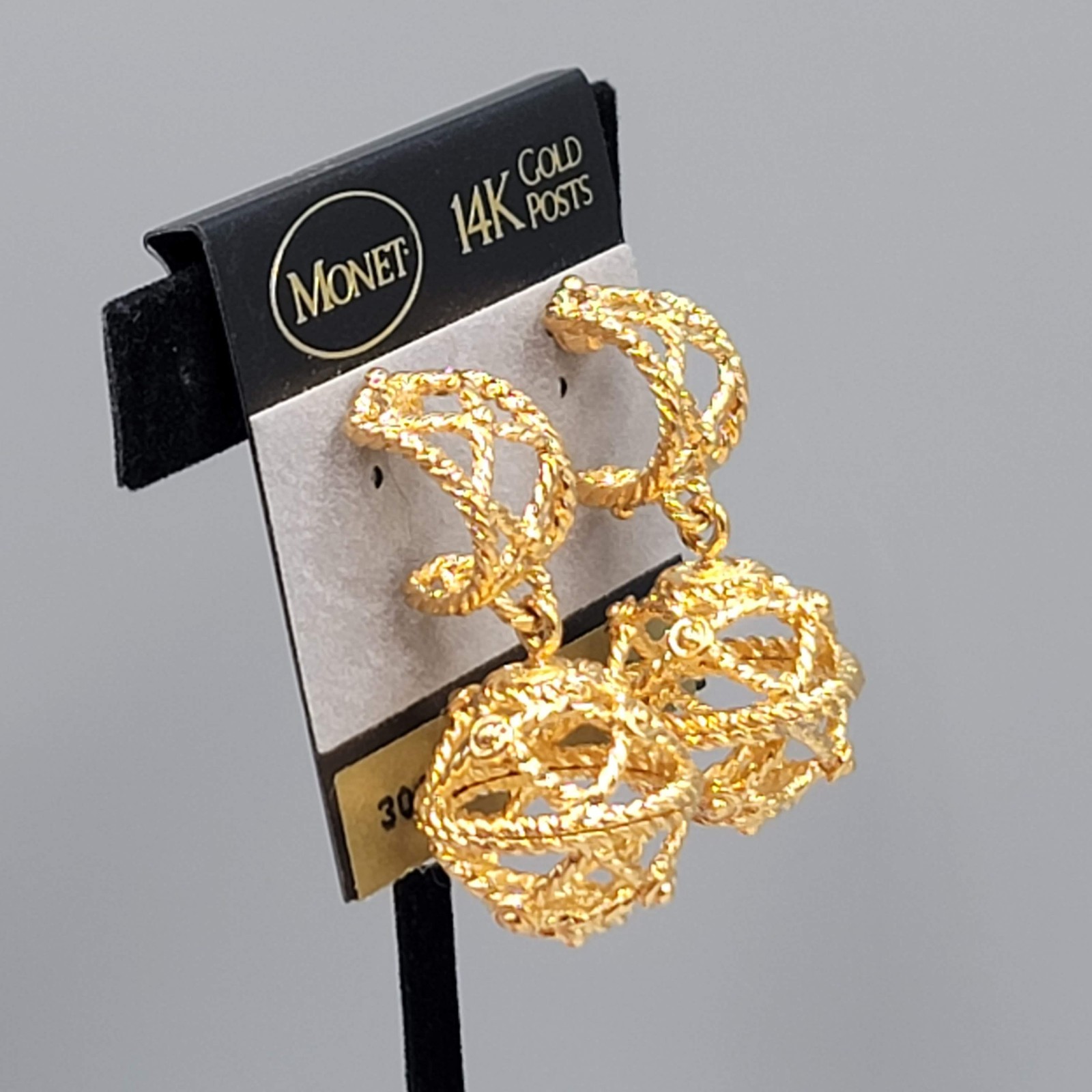 Vintage Filigree Open Work Monet Hoop Pierced Earrings Gold Plated Dangle 1.75″
