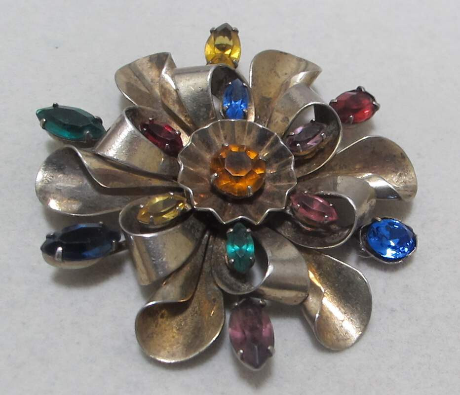 Vtg 2-3/8” Gold-Plated Sterling Layered Brooch Multi Color Rhinestones 30 Grams