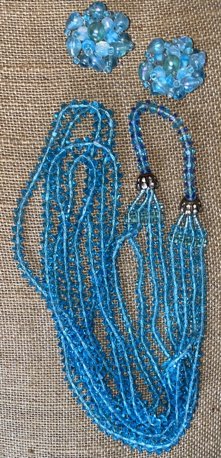 Signed On Earrings, Germany, Iridescent Clip On Earrings, Blue Crystal Necklace
