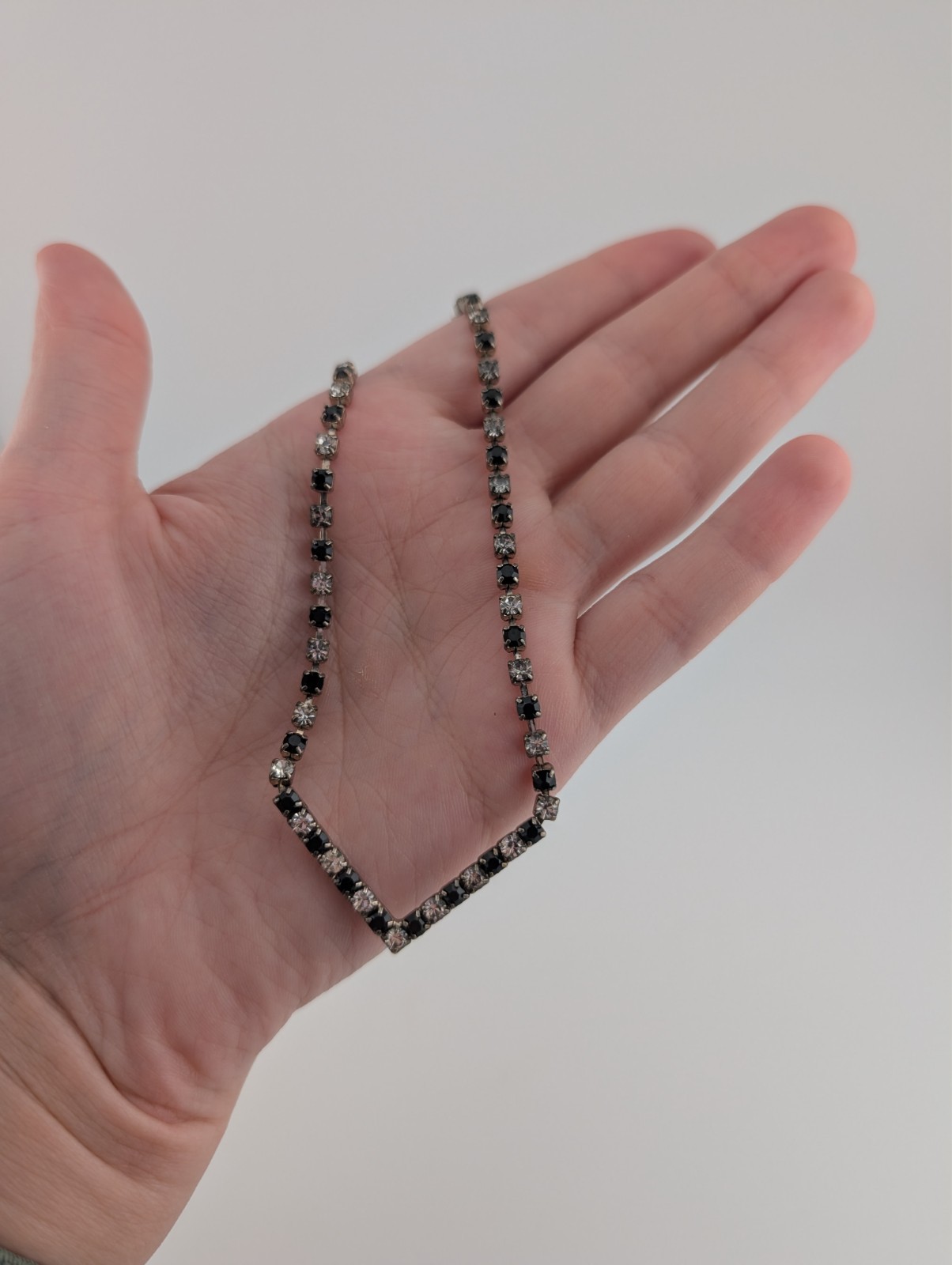 Vintage Silver Tone White & Black Glass Rhinestone V Point Necklace