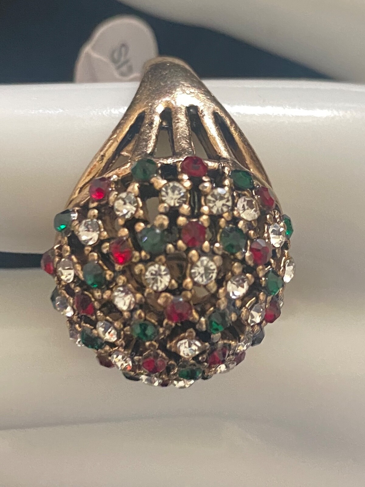 Ring Gold Tone Red Green Rhinestone Large statement Cocktail MCM Sz 9