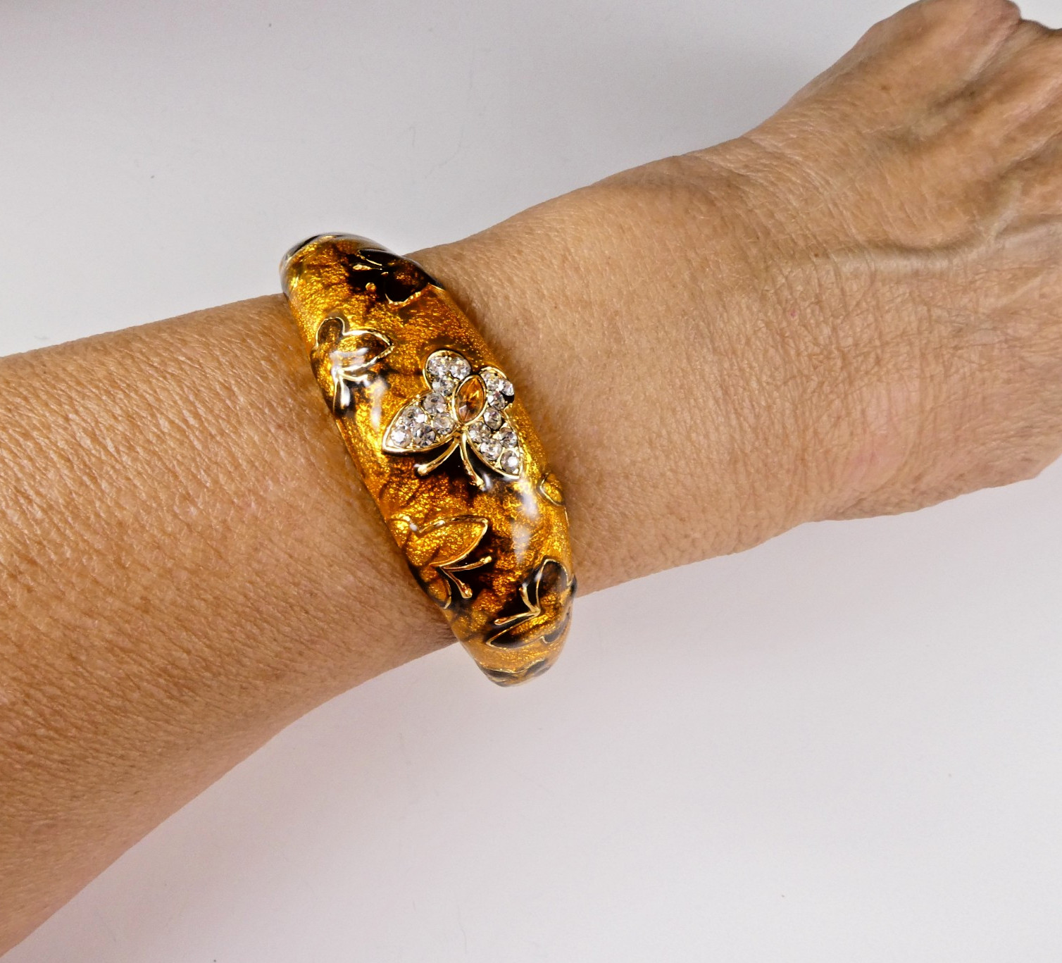 Bracelet & Earrings SET Orange Enamel Crystal Butterfly Fall Colors Signed FL