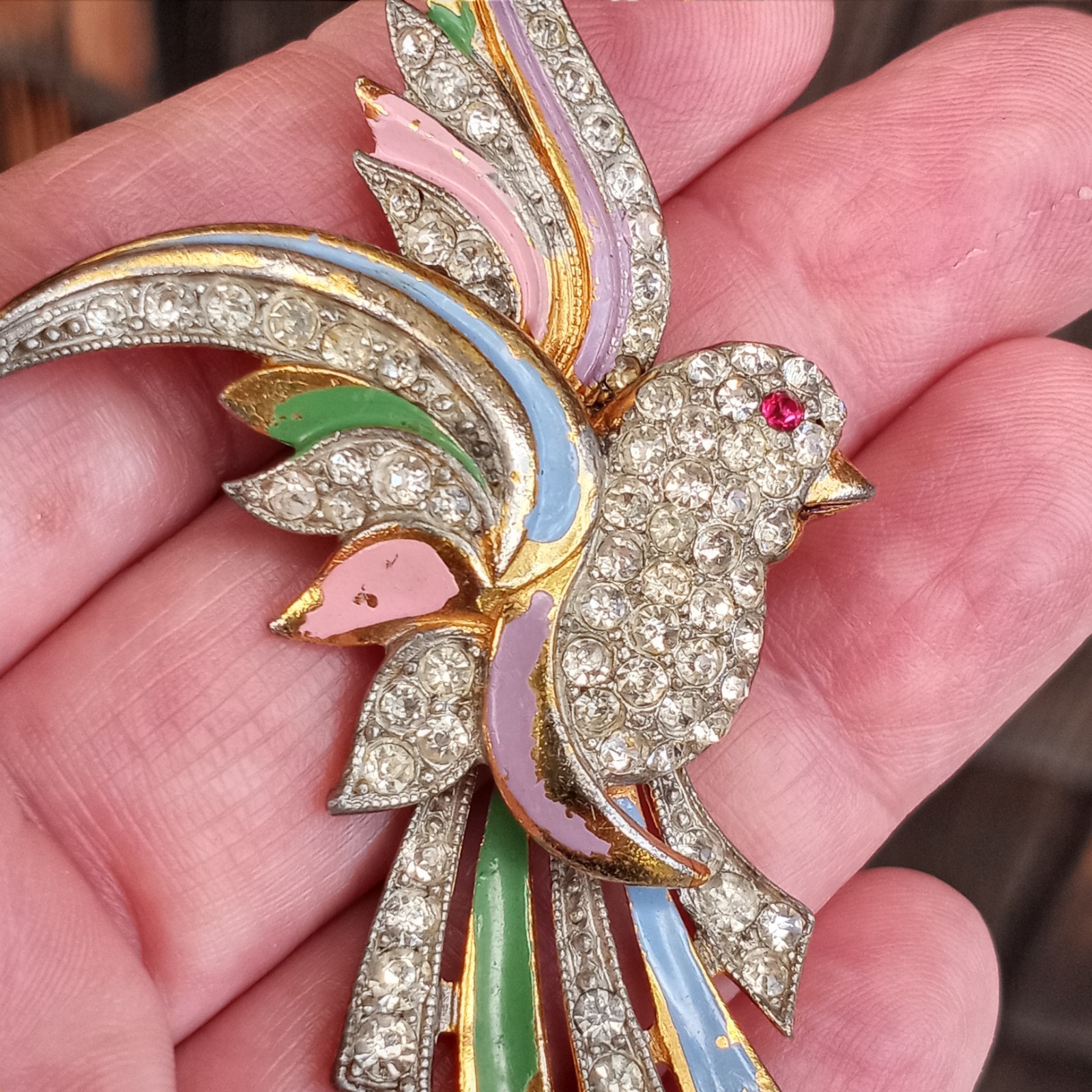 Vtg Coro? Clear Red Rhinestone Pink Blue Enameled Green Paradise Bird Brooch Pin