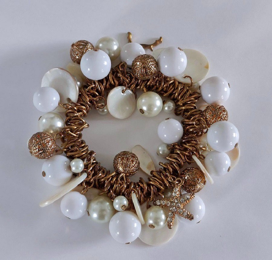Gold Tone Statement Starfish Bracelet Nautical Pearls Beach Sea Life Chunky