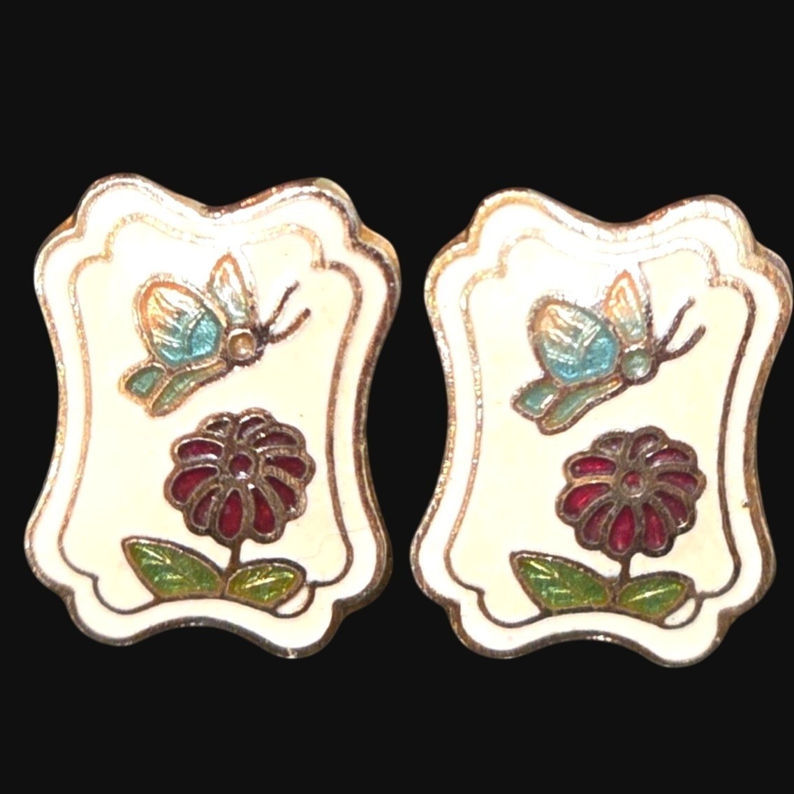 Vintage Cloisonné Butterfly Floral Earrings Garden Jewelry Enamel Summer Spring