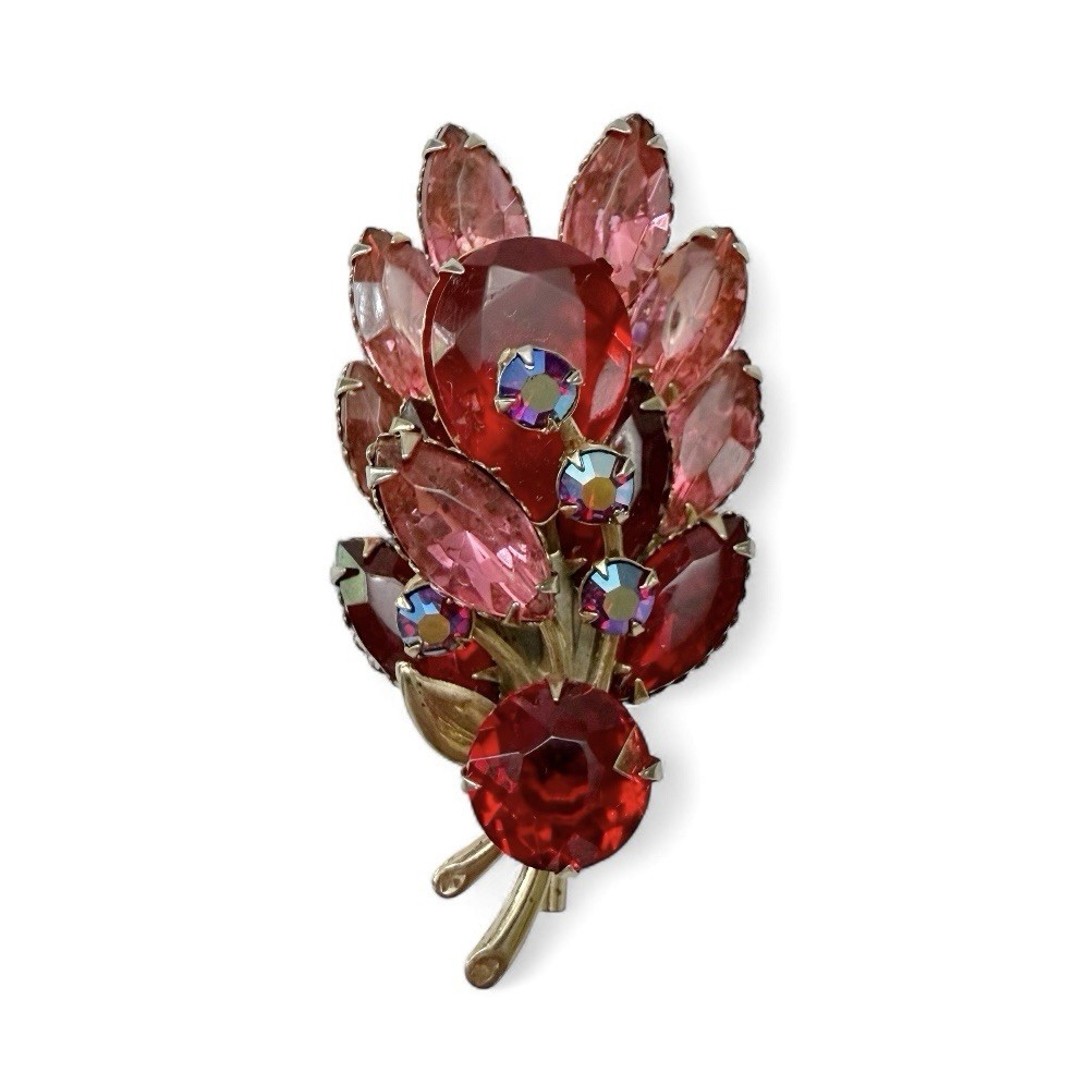 Vintage Red Pink AB Glass Rhinestone Flower Floral Spray Brooch Pin Goldtone