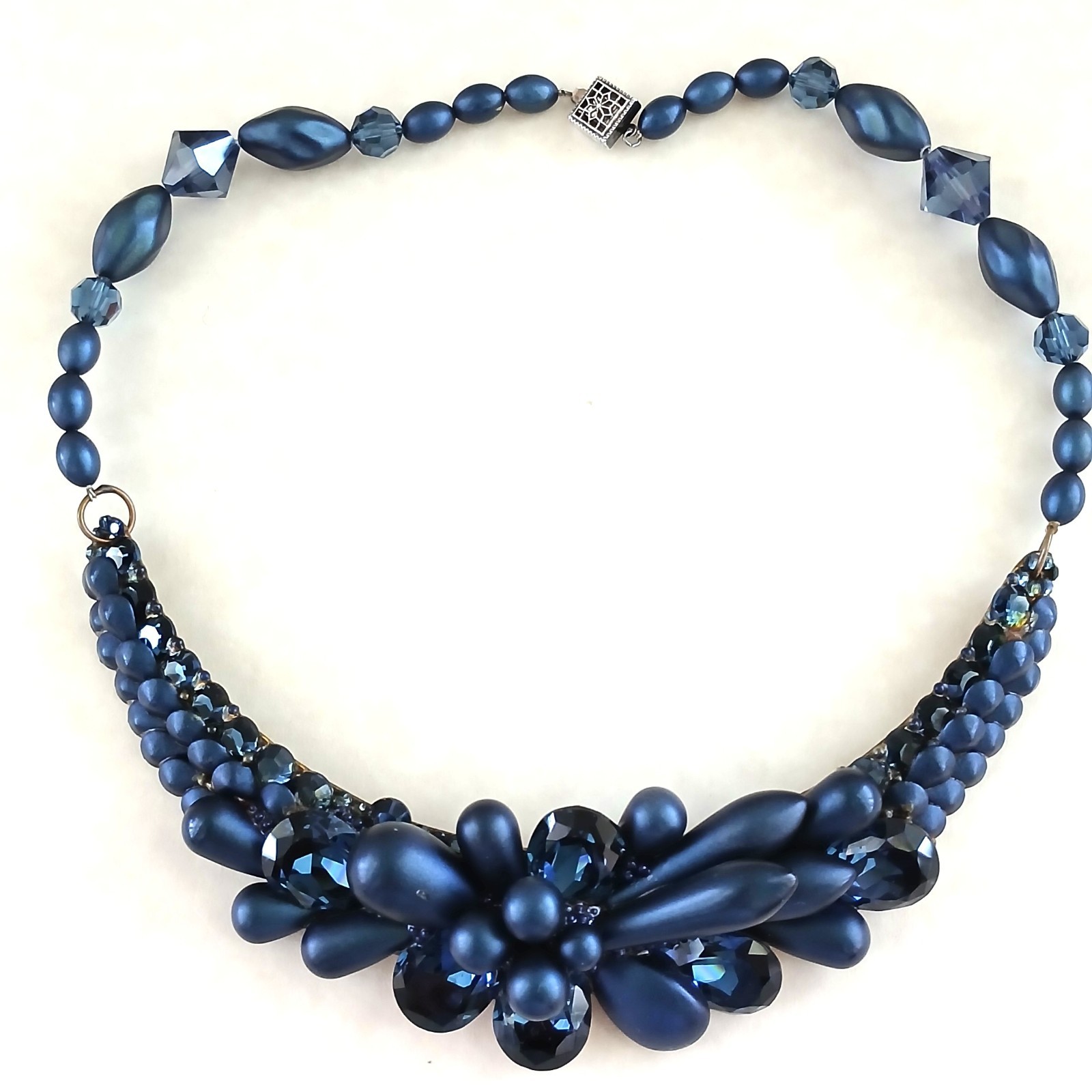Vintage Blue Glass, Acrylic & Iridescent Floral Motif Necklace Sterling Clasp