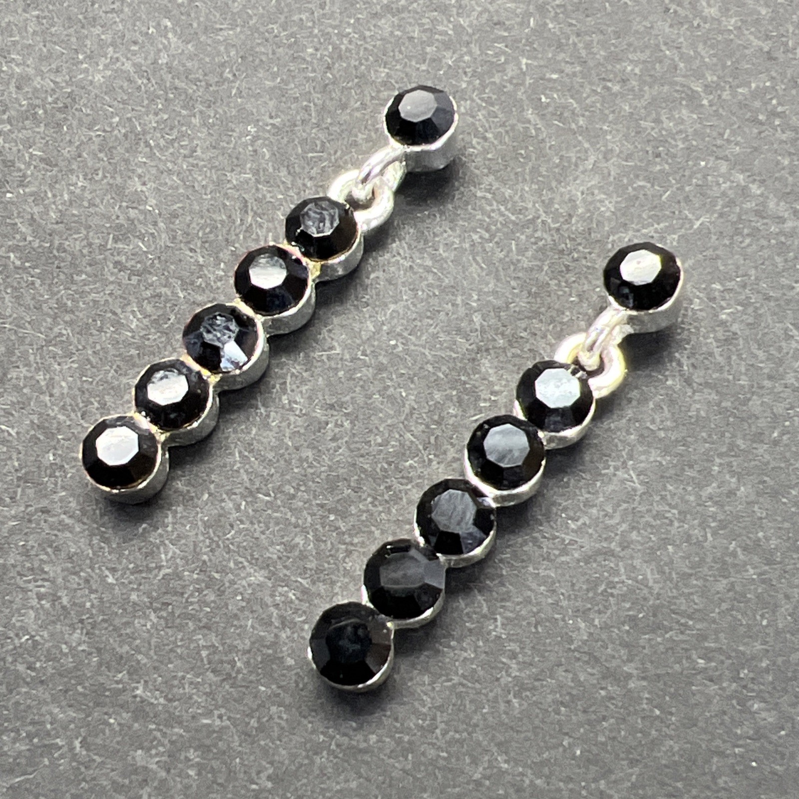 Black Rhinestone Dangle Drop Earrings Silver Tone with Backers