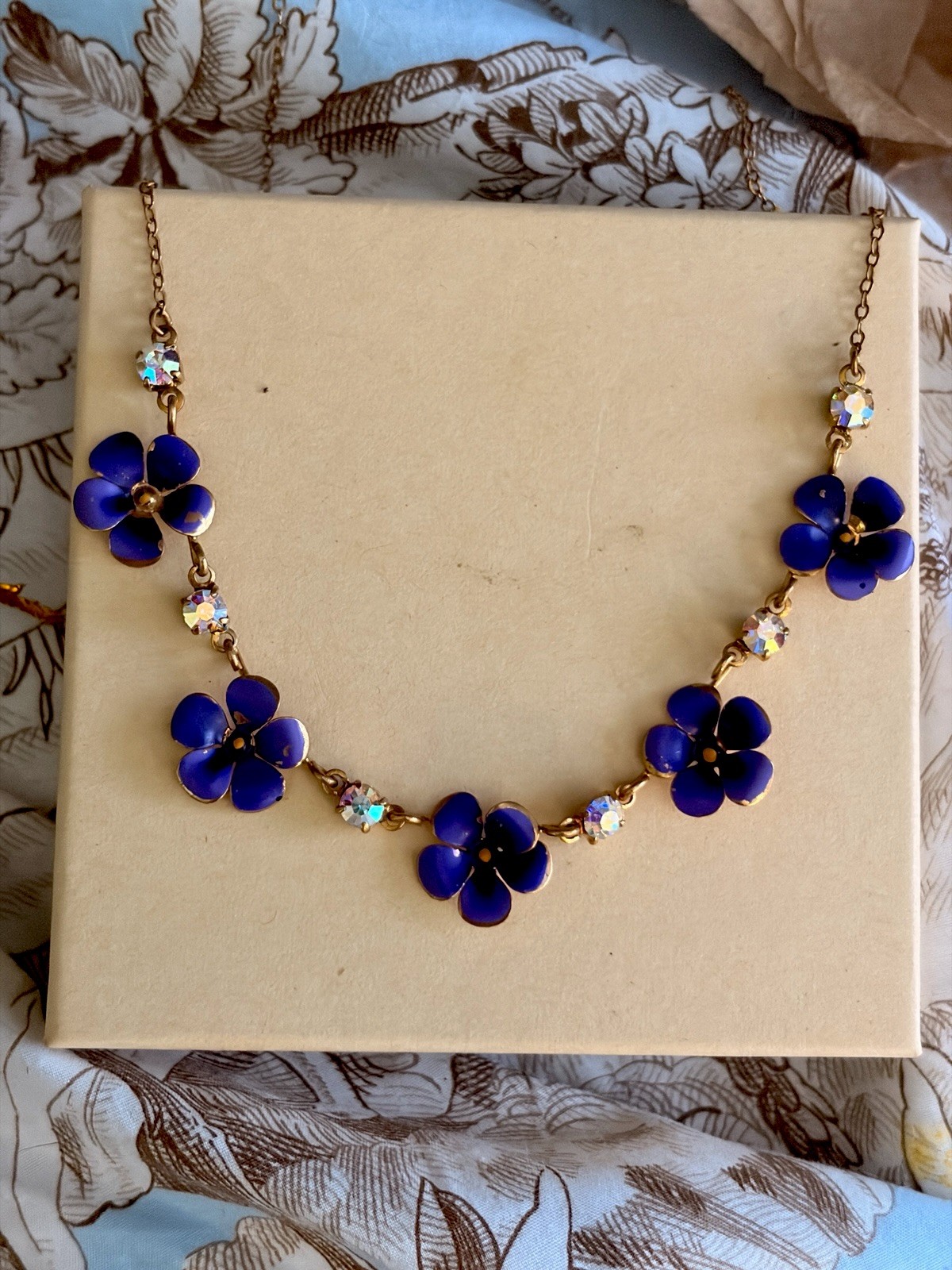 Antique Edwardian Revival Mid Century Modern Enamel Pansy Necklace Violet