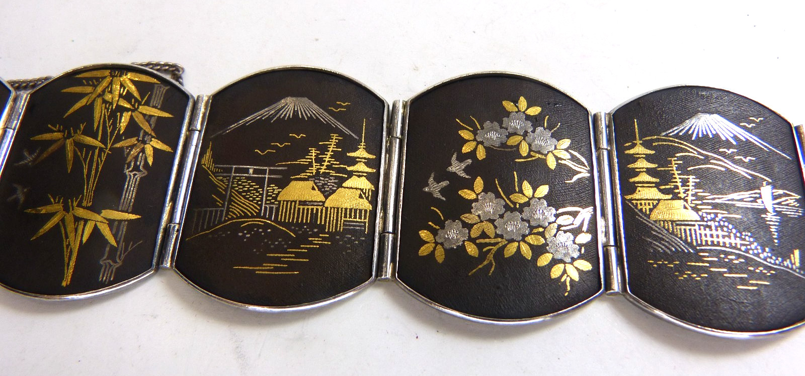 Large Antique Japanese Sterling Silver Bracelet W Mixed Metal Damascene Designs