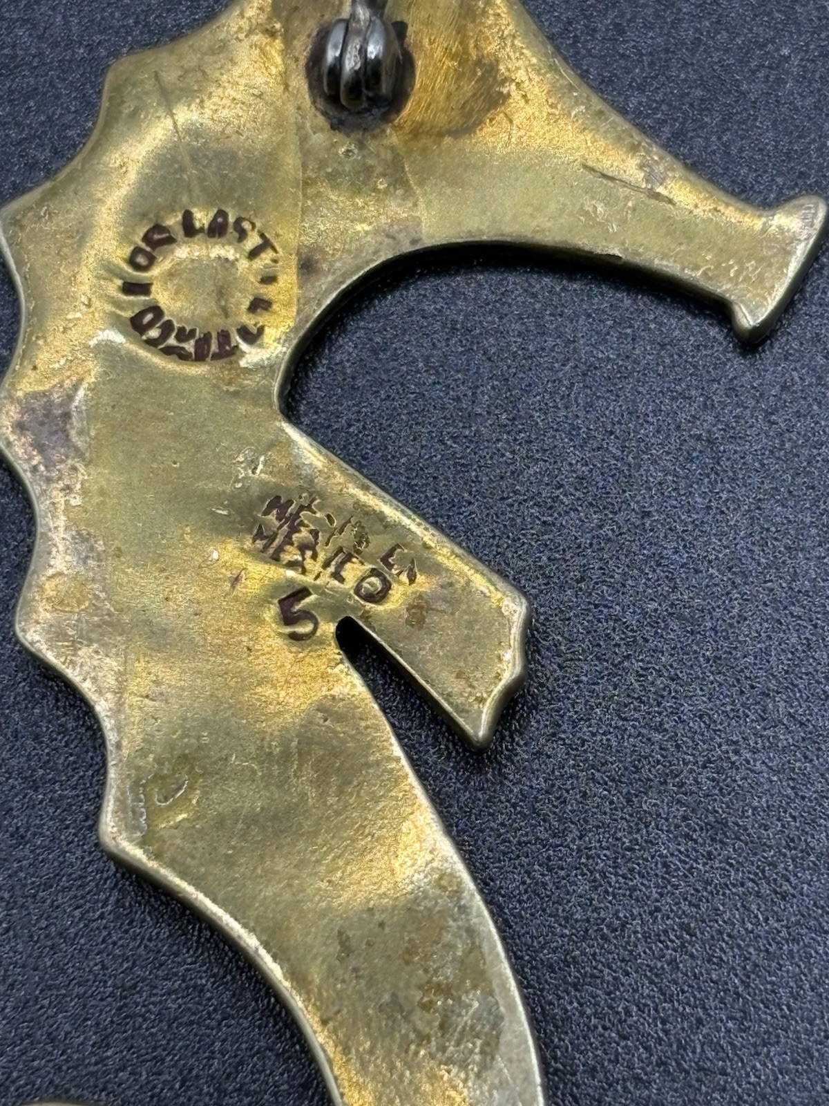 Vintage Los Castillo Taxco Brooch Seahorse Pin Inlay MOP Brass Signed 3” Read