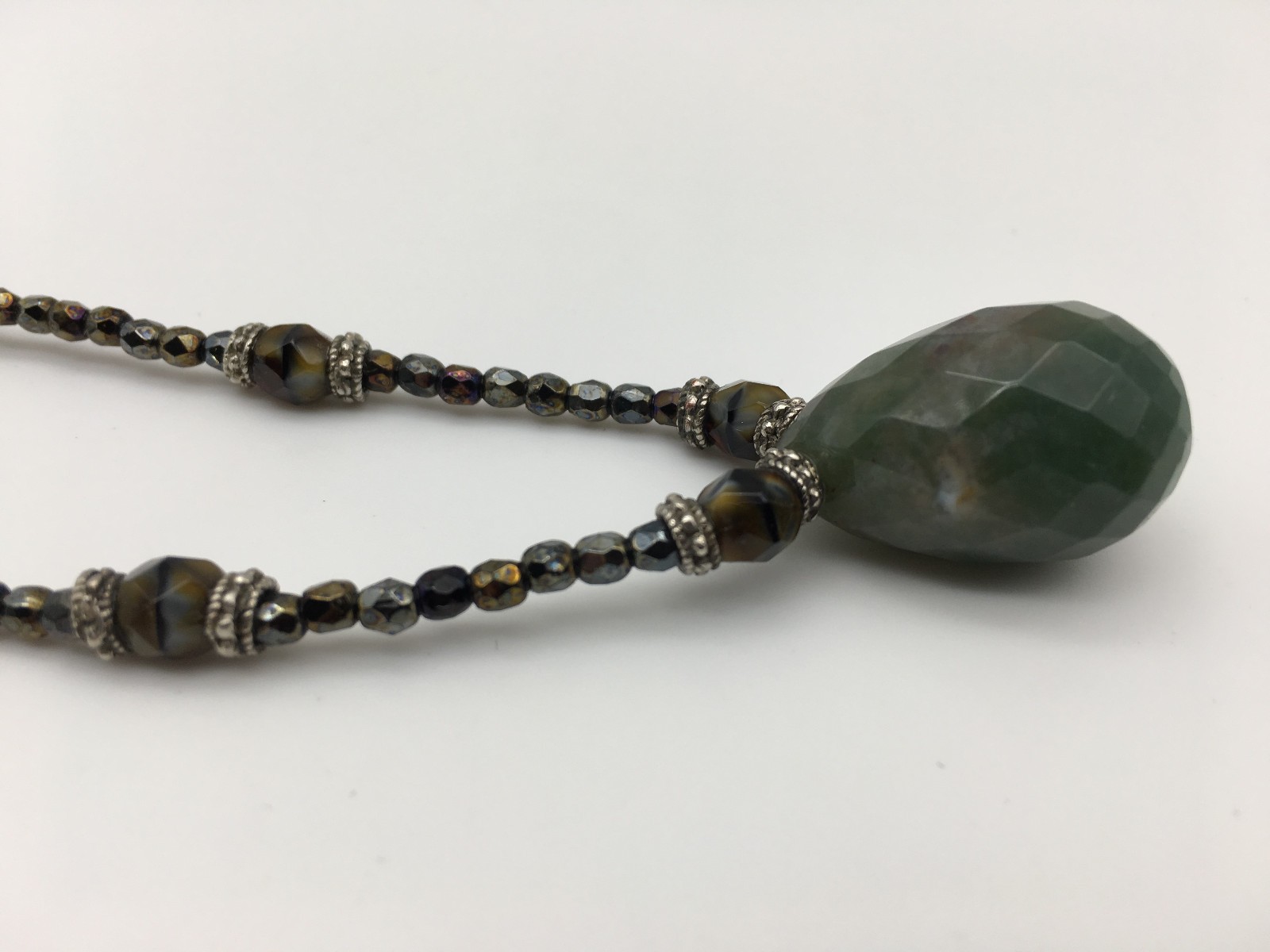 Vintage Blood Stone Pendant Crystal Hematite Czech Beads Sterling 16″ Necklace
