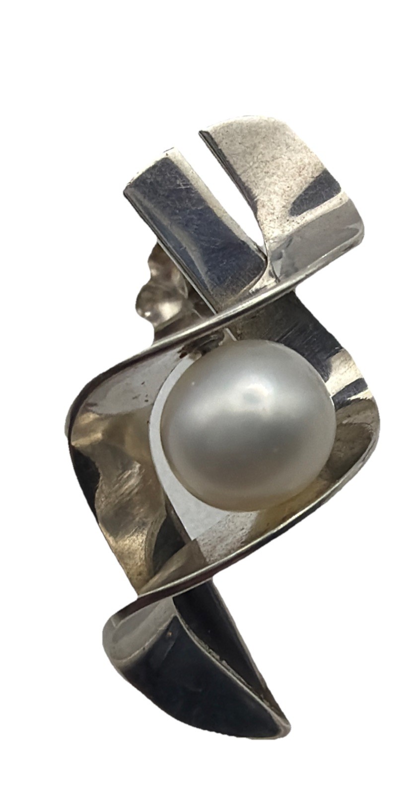 Gerhard Herbst Modernist Sterling Silver And Pearl Ribbon Swirl Post Earrings
