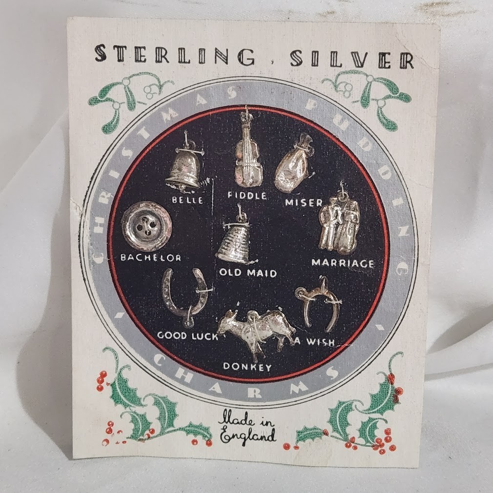 Vtg Sterling Silver Christmas Pudding Charms Set 9 England Bell Marriage Luck