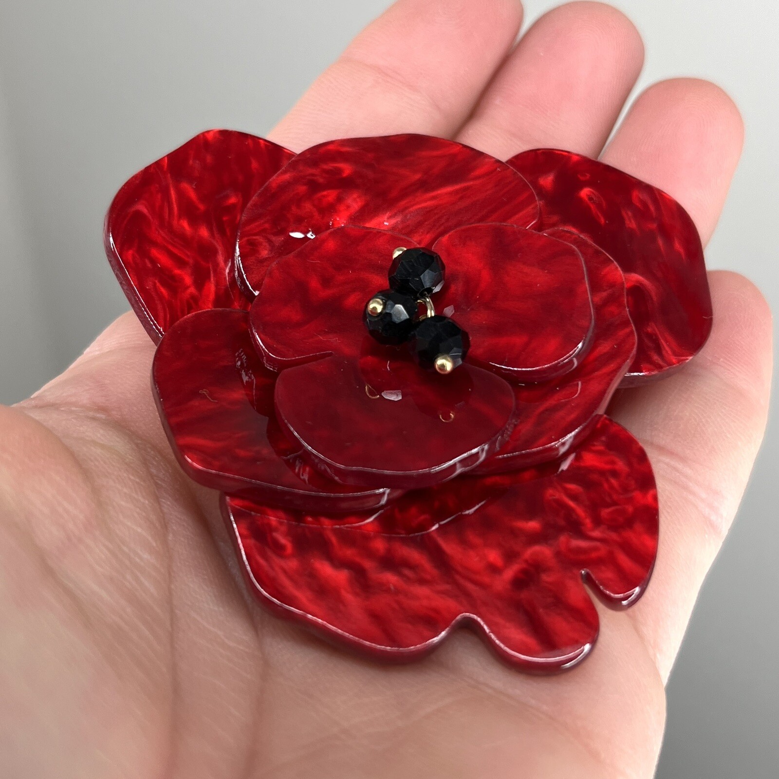 Red Poppy Flower Brooch Pin Pearlescent Lucite Acrylic 3D Statement Vtg Retro