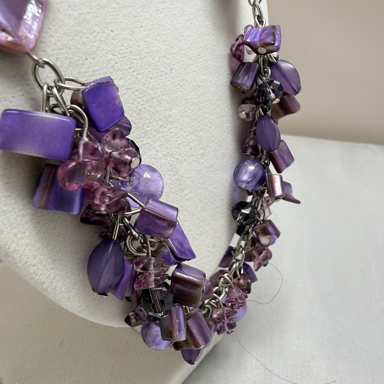 Vintage Purple Statement Necklace Chunky Bib Fringe Shell Glass Beaded Boho NEW