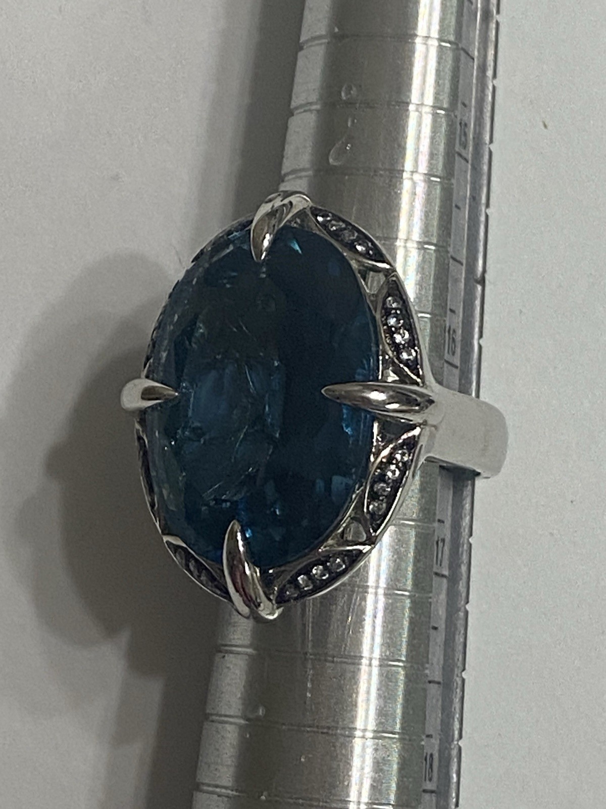 Large London Blue Topaz White Zircon 26ctw Sterling Silver Ring QVC Size 6