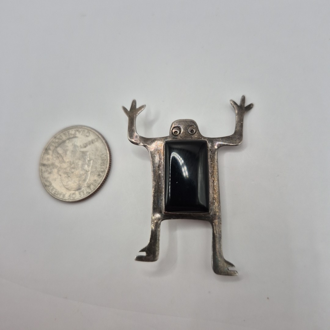 Vintage Sterling Silver 925 Black Enamel Rectangular Body Person Creature Brooch
