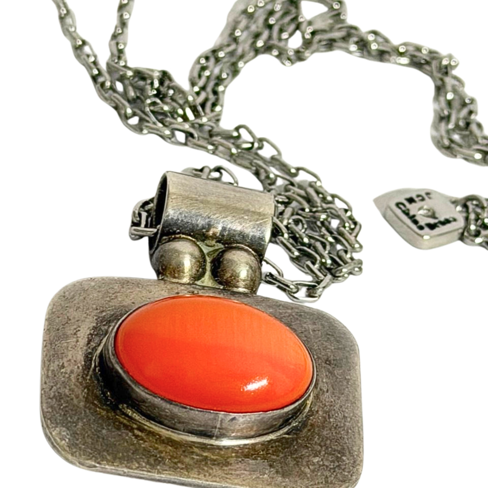 Vintage ATI Mexico 925 Sterling Silver Coral Cabochon Pendant Necklace Signed