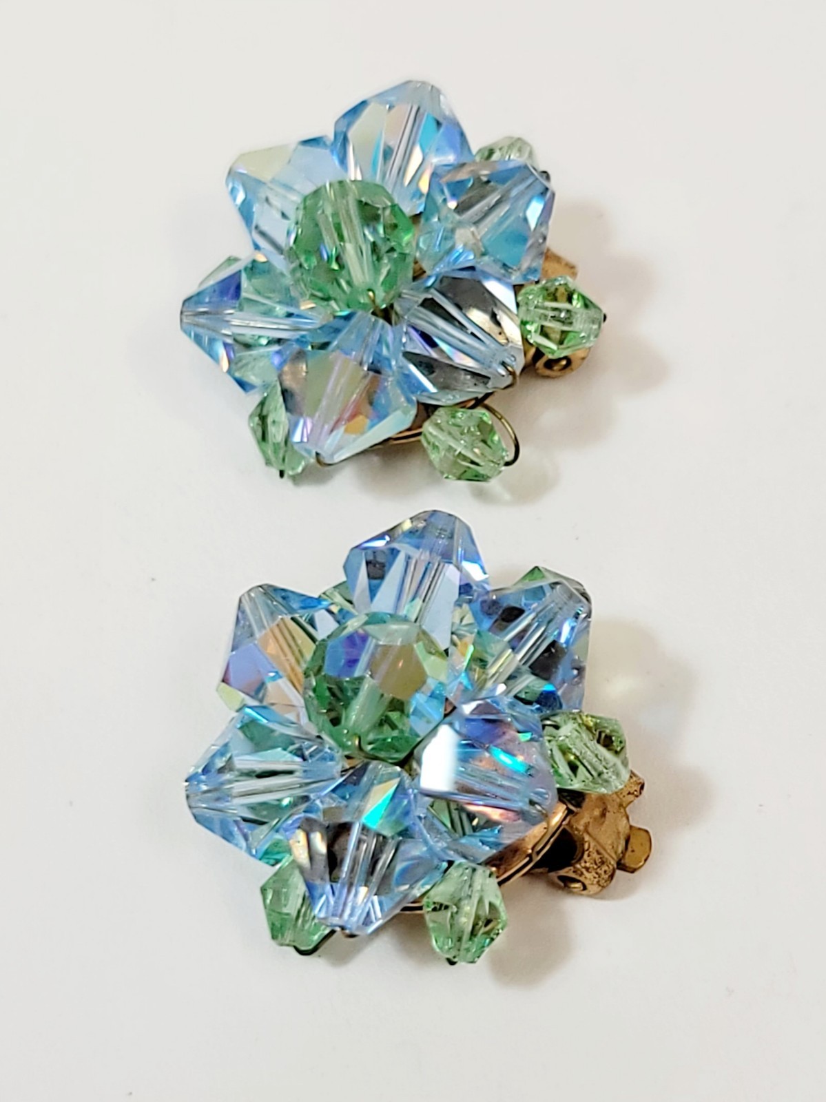 Vintage Green Blue Crystal Bicone Bead Cluster Earrings