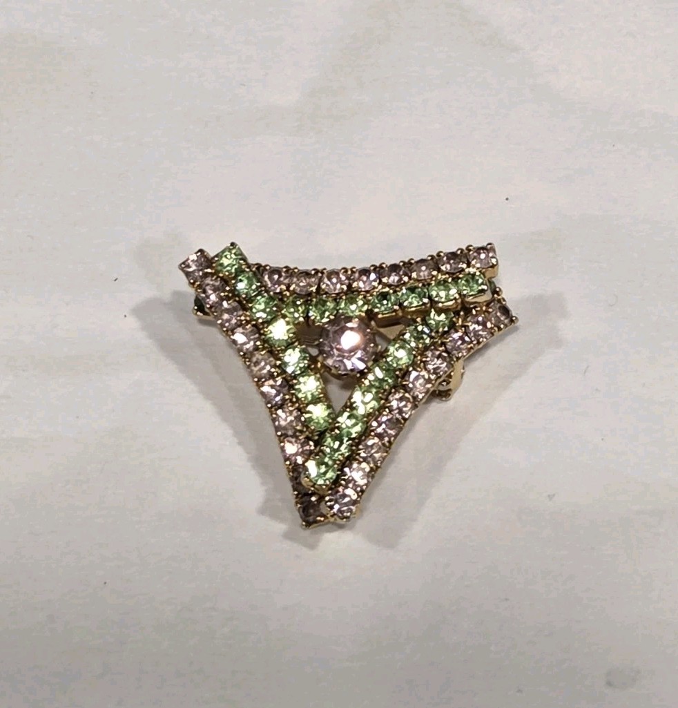 Vintage Pink And Green Rhinestone Triangle Brooch