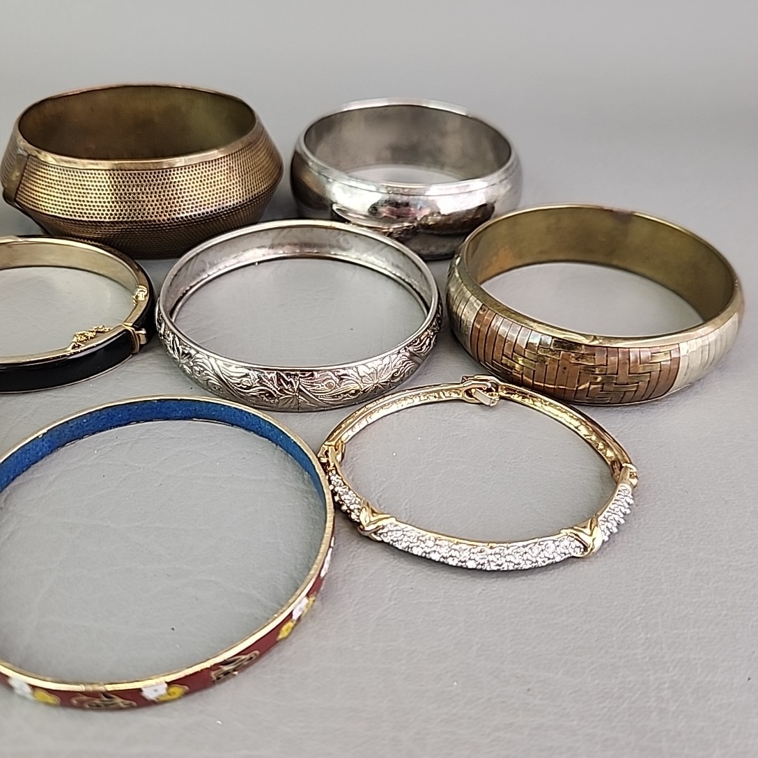 Vintage Bangle Bracelet Lot of 9 India Enamel Brass Rhinestone Hinged Wood