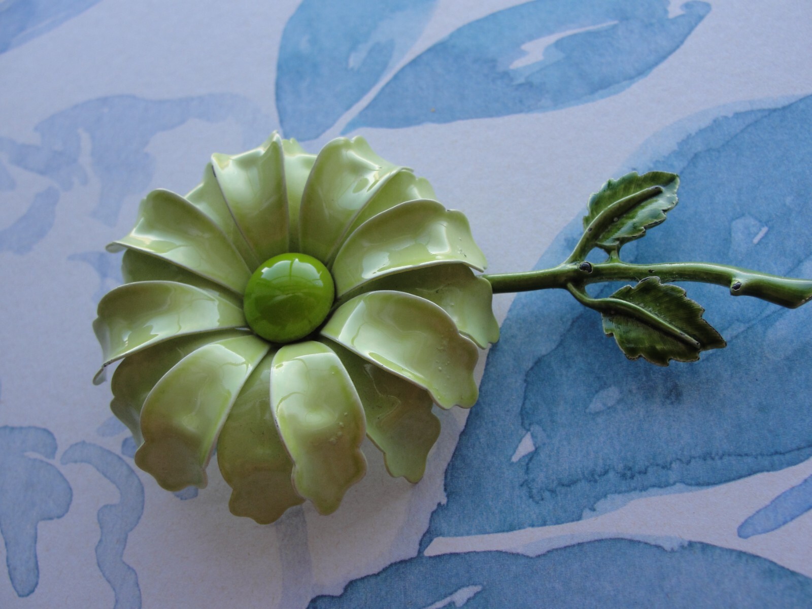 Vintage Enamel Flower Brooch Pretty Tiered Zinnia Sft Mint Lime Kelly Green 1960
